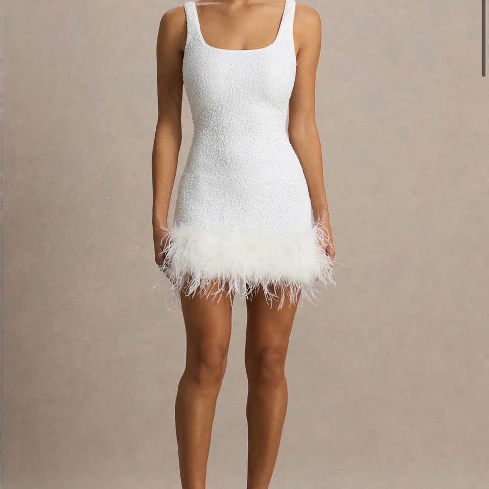 Chic White Feather Hem Mini Dress